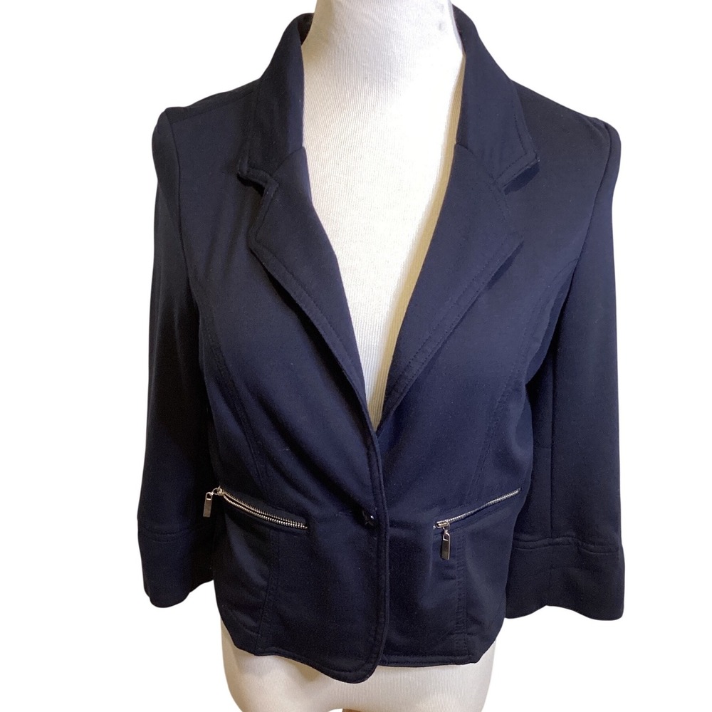 CI SONO Navy‎ Blue Cropped Zip Pocket Blazer Jacket Women's Size L